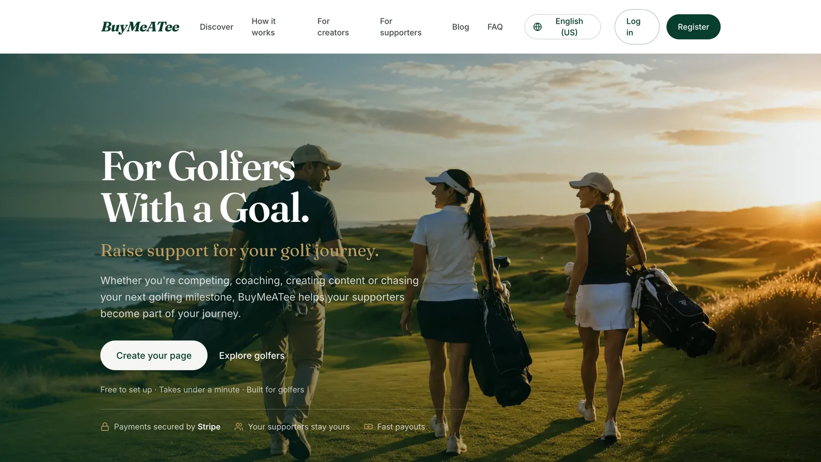 The Buy Me a Tee homepage: three golfers walking a coastal links course at sunset, with the headline For golfers with a goal.
